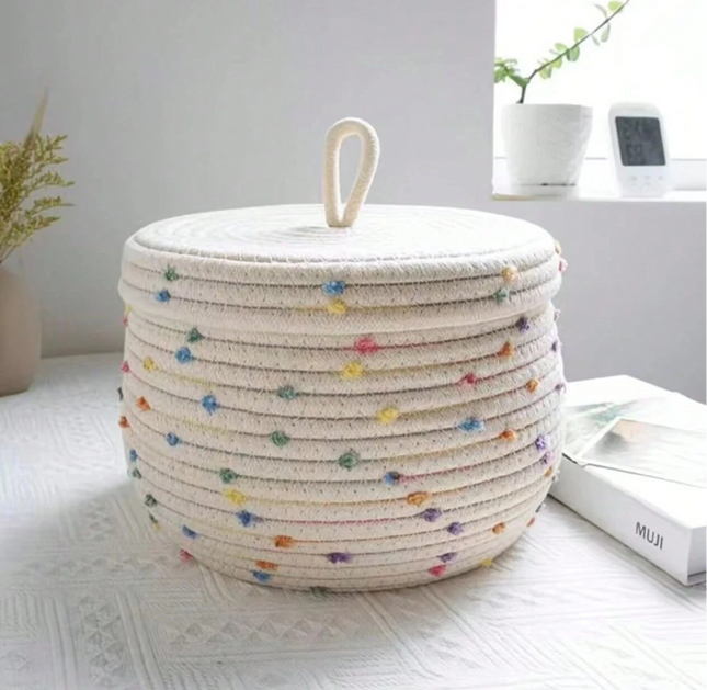 Handwoven Cotton Rope Storage Basket with Lid – Polka Dot