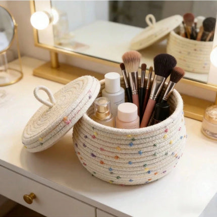 Handwoven Cotton Rope Storage Basket with Lid – Polka Dot