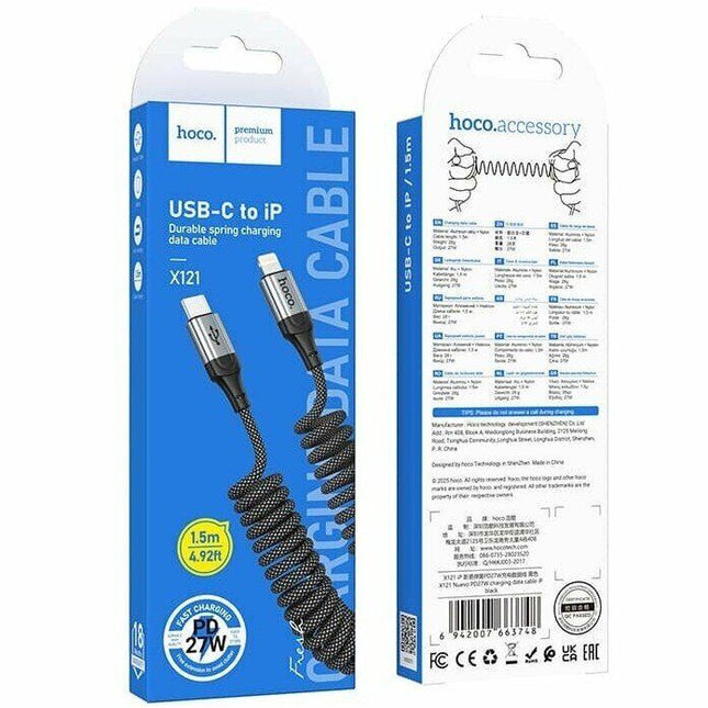 HOCO Fast Charging Type-C to Lightning Spring Braided 1.5m Data Cable (Black) - SmartSouks