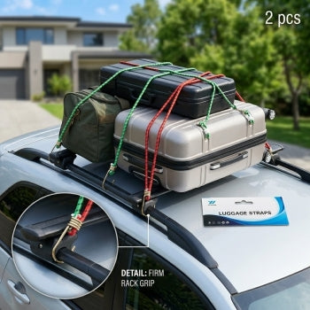 Elastic luggage straps securing a suitcase