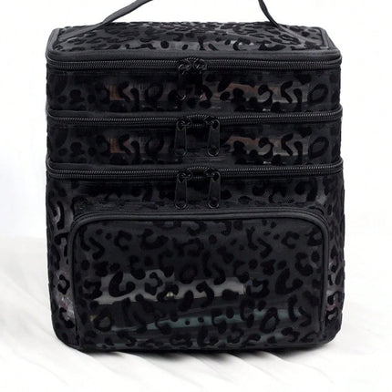 Multi-Functional 3-Layer Makeup Bag - Black Leopard MeshMakeup Bag