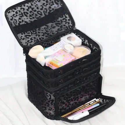 Multi-Functional 3-Layer Makeup Bag - Black Leopard MeshMakeup Bag