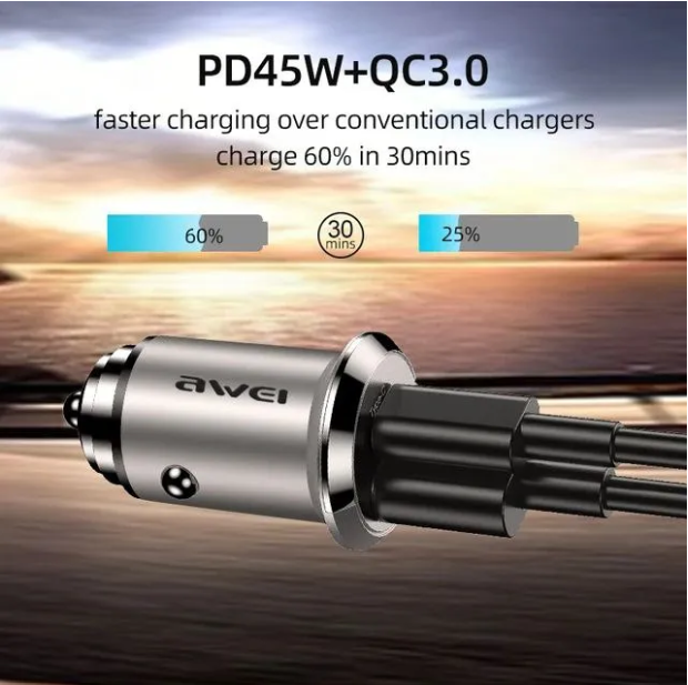 Car Fast Charger PD 30W + QC3.0 /AWEI C-854 Black