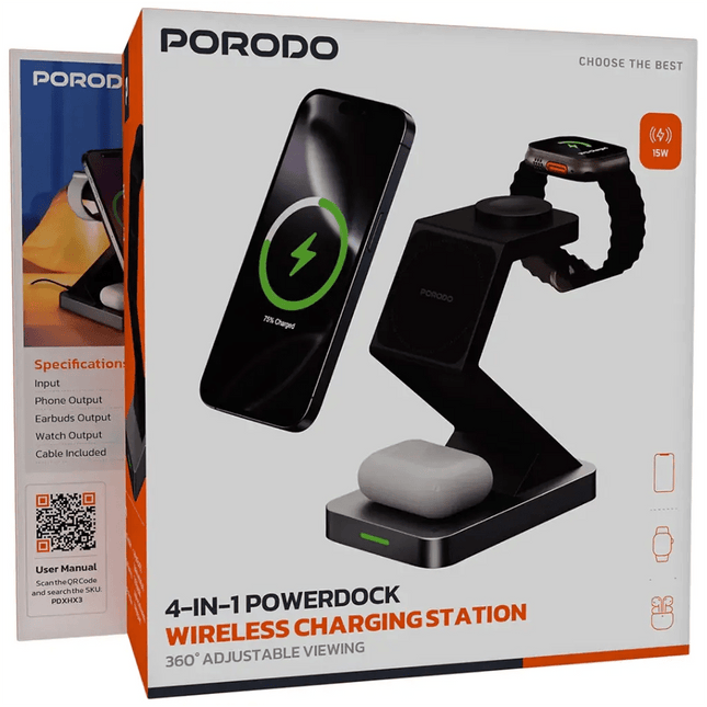 Porodo 4-In-1 Powerdock Wireless Charging Station- BlackWireless Charger