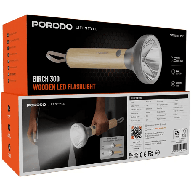 Porodo Lifestyle Birch 300 Wooden LED Flashlight - WoodenFlashlight