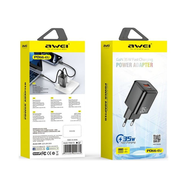 Power Adapter GaN 35W USB-A / Type-C / AWEI PD66 Black - SmartSouks
