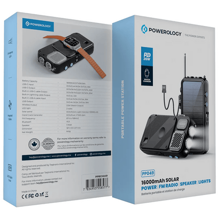 Powerology 16000mAh Solar Power Bank with FM Radio, Speaker & Lights