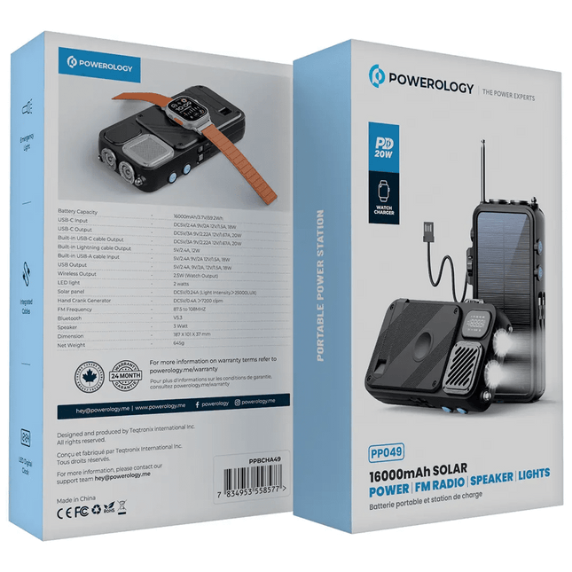 Powerology 16000mAh Solar Power Bank with FM Radio, Speaker & Lights