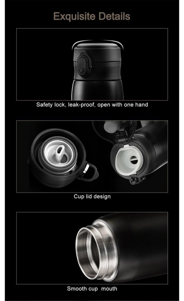 Uzspace Double Wall Stainless Steel Water Bottle Thermos Insulated 480ml 4076 BlackWater Bottles