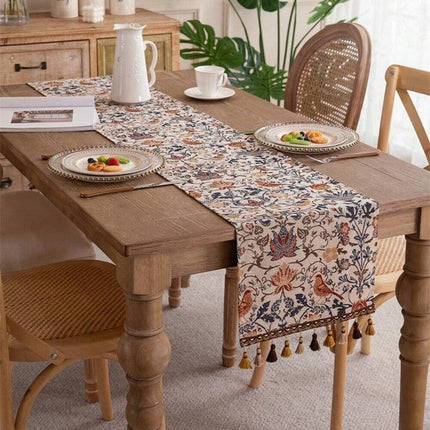 Vintage Floral & Bird Pattern Tassel Table Runner, Jacquard Woven 30x200cm - SmartSouks