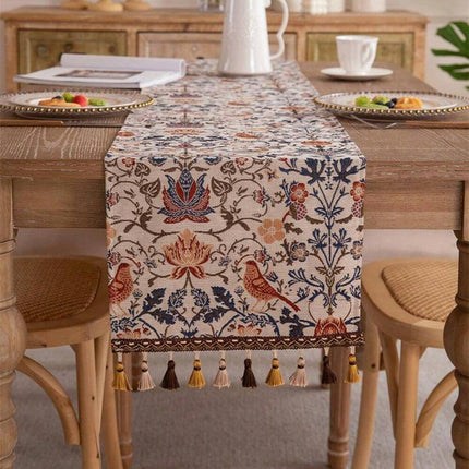 Vintage Floral & Bird Pattern Tassel Table Runner, Jacquard Woven 30x200cm - SmartSouks