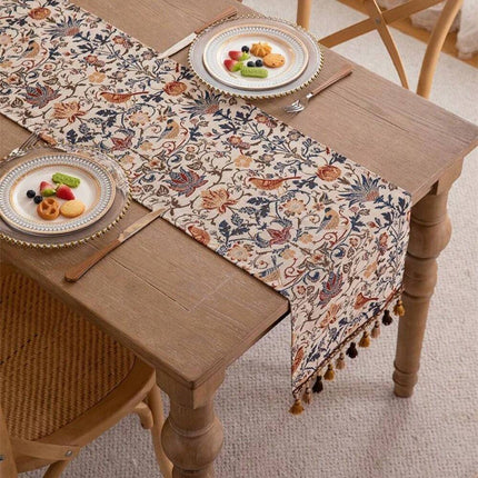 Vintage Floral & Bird Pattern Tassel Table Runner, Jacquard Woven 30x200cm - SmartSouks